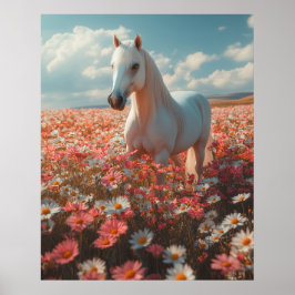 White Horse Amid Blossoming Meadow  Poster