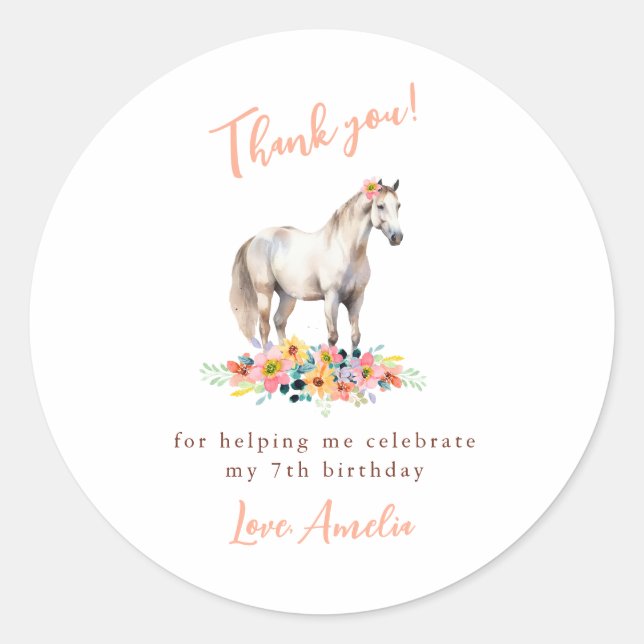 White Horse Birthday Party Floral Pink Danke Runder Aufkleber (Vorderseite)