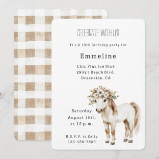 White Horse Floral 16th Birthday Einladung