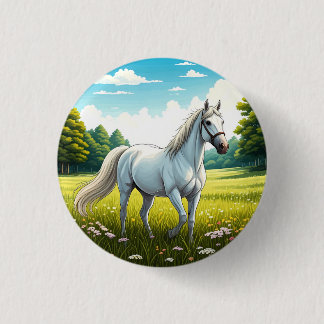 White horse standing in a field of grass button