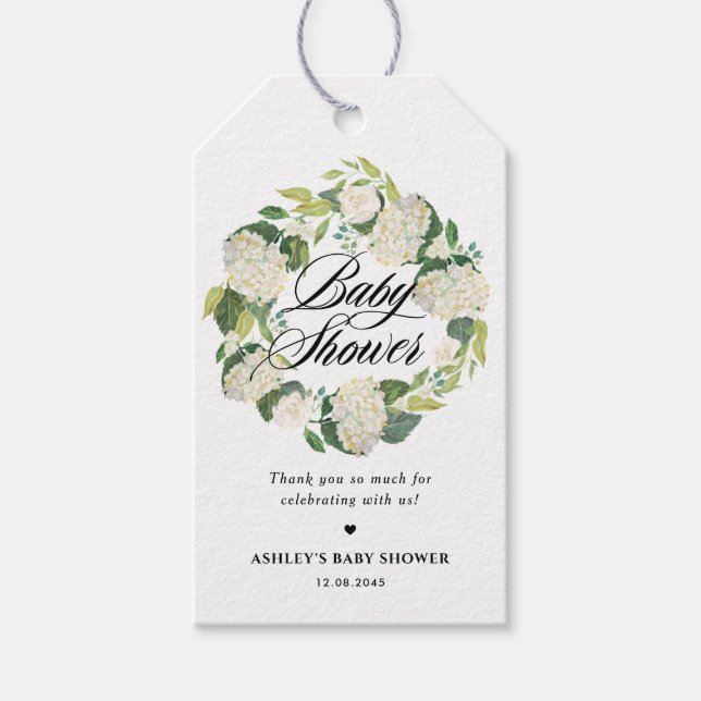 White Hydrangea Bloral Wreath Baby Dusche Geschenkanhänger (Vorderseite)
