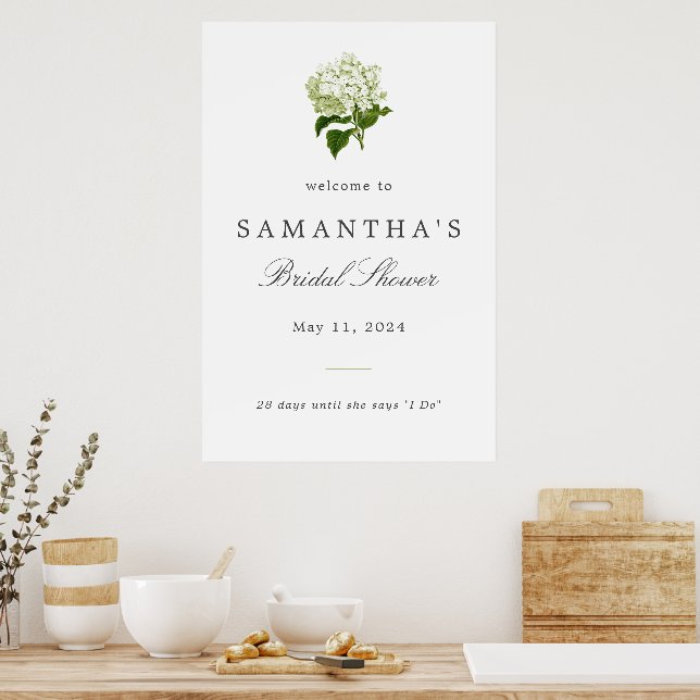White Hydrangea Brautparty Begrüßungszeichen Poster (Küche)