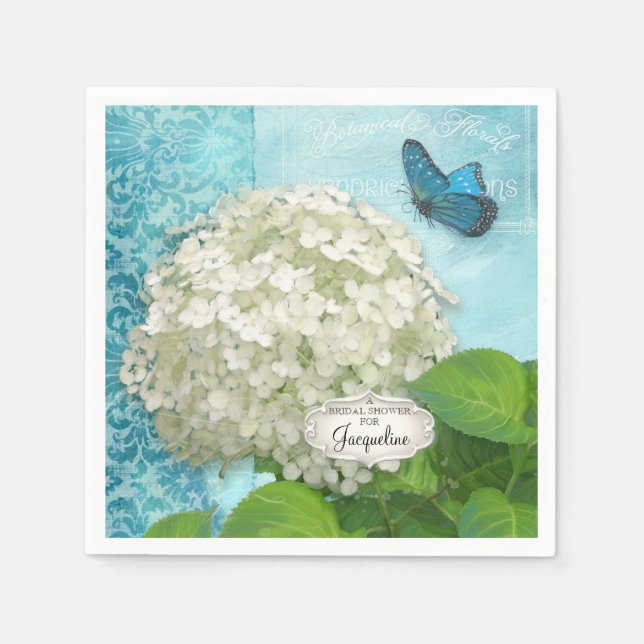 White Hydrangea Butterfly Damask Brautparty Serviette (Vorderseite)