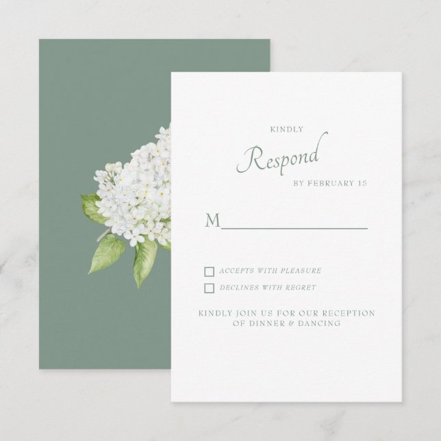 White Hydrangea Dark Sage Wedding RSVP Karte (Vorne/Hinten)
