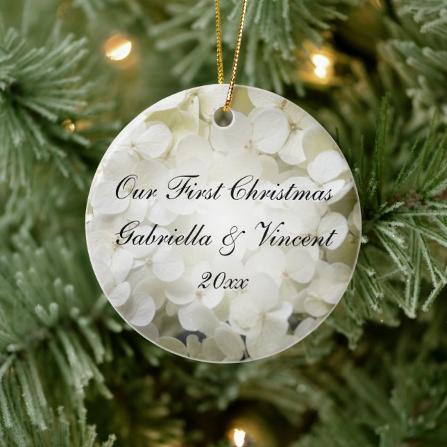 White Hydrangea Erstes Weihnachtsfest Foto Keramik Ornament (Baum)