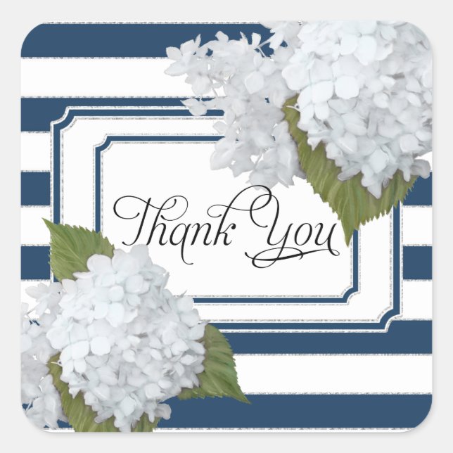 White Hydrangea Floral Nautical Navy Blau Streifen Quadratischer Aufkleber (Vorderseite)
