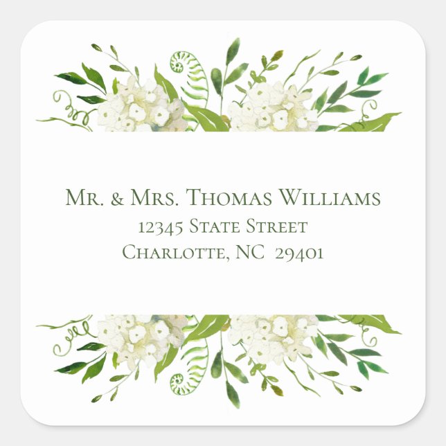 White Hydrangea Floral Wedding Address Quadratischer Aufkleber (Vorderseite)