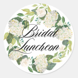 White Hydrangea Floral Wreath Bridal Luncheon Runder Aufkleber