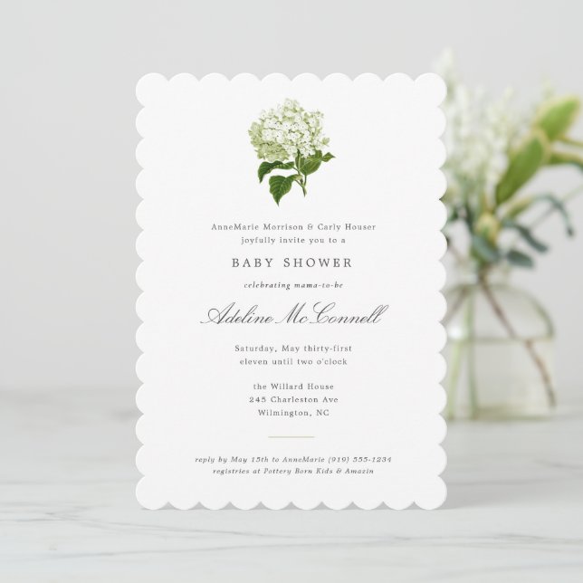 White Hydrangea Grandmillennial Baby Dusche Einladung (Stehend Vorderseite)