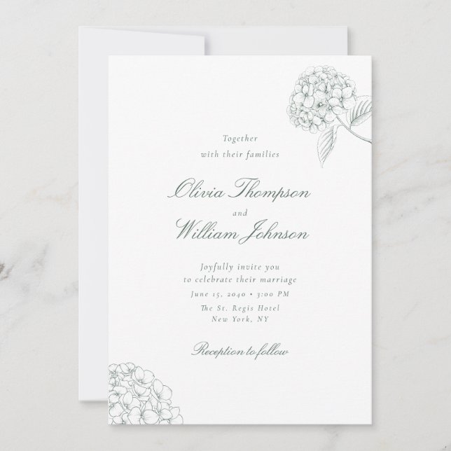 White Hydrangea Green Wedding Invitation Einladung (Vorderseite)