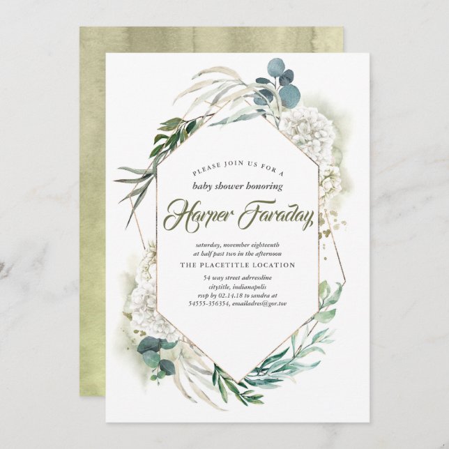 White Hydrangea Greenery Bébé douche Invitations (Devant / Derrière)