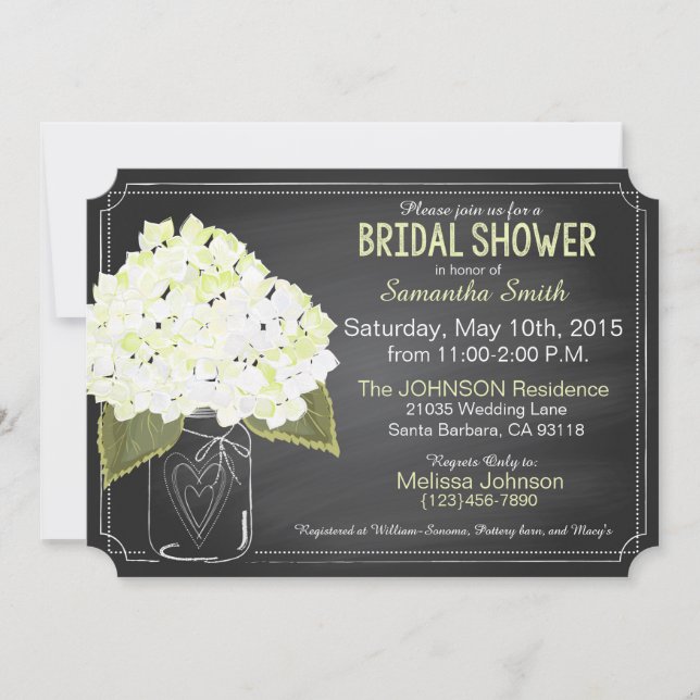 White Hydrangea Mason Jar Chalkboard Brautparty Einladung (Vorderseite)