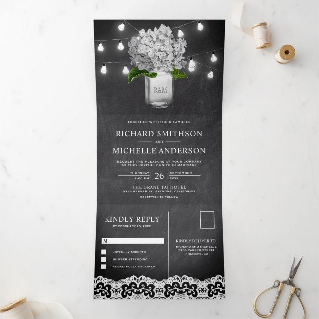 White Hydrangea Mason Jar String Lights Wedding Dreifach Gefaltete Einladung (Innenseite)