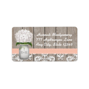 White Hydrangea Mit Monogramm Mason Jar in Peach Adressaufkleber