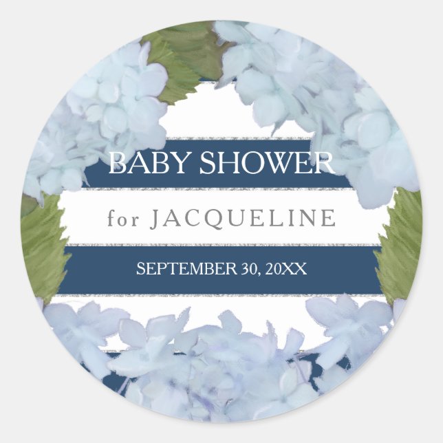 White Hydrangea Navy Blue Striping Baby Dusche Runder Aufkleber (Vorderseite)