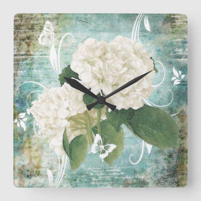 White hydrangea quadratische wanduhr (Vorderseite)