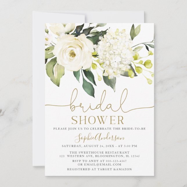 White Hydrangea Rose Brautparty Einladung (Vorderseite)