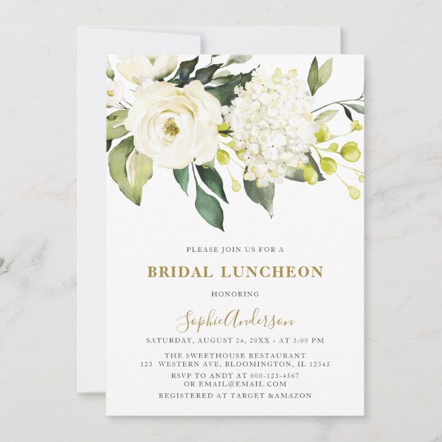 White Hydrangea Rose BRIDAL LUNCHEON Einladung (Vorderseite)
