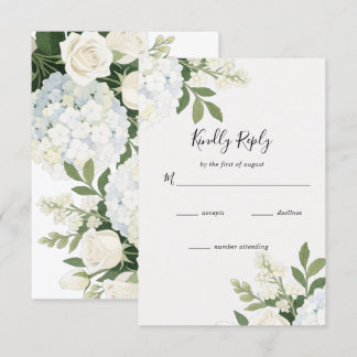 White Hydrangea Rose Elegante Hochzeit RSVP Karte