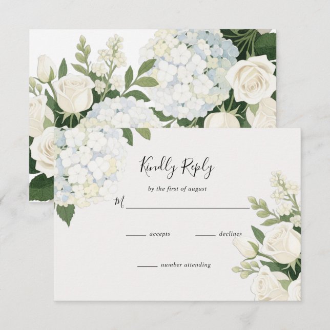 White Hydrangea Rose Elegante Hochzeit RSVP Karte (Vorne/Hinten)