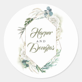 White Hydrangea und Grüne Moderne Hochzeit Runder Aufkleber