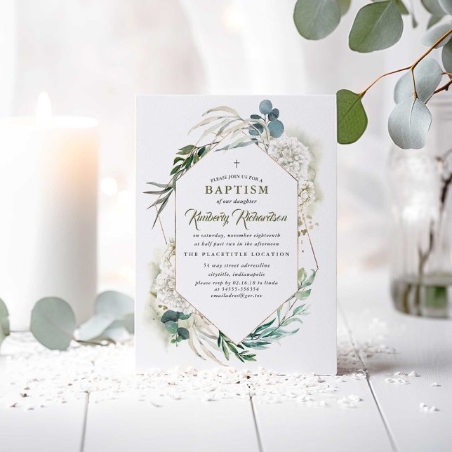 White Hydrangea und Grüne Taufe Einladungen (Greenery Baptism Invitations)