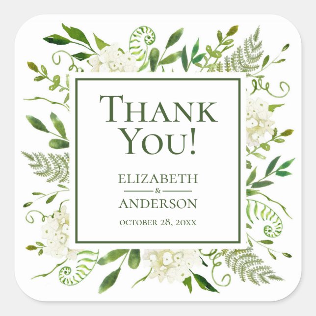 White Hydrangeas Floral Wedding Vielen Dank Quadratischer Aufkleber (Vorderseite)