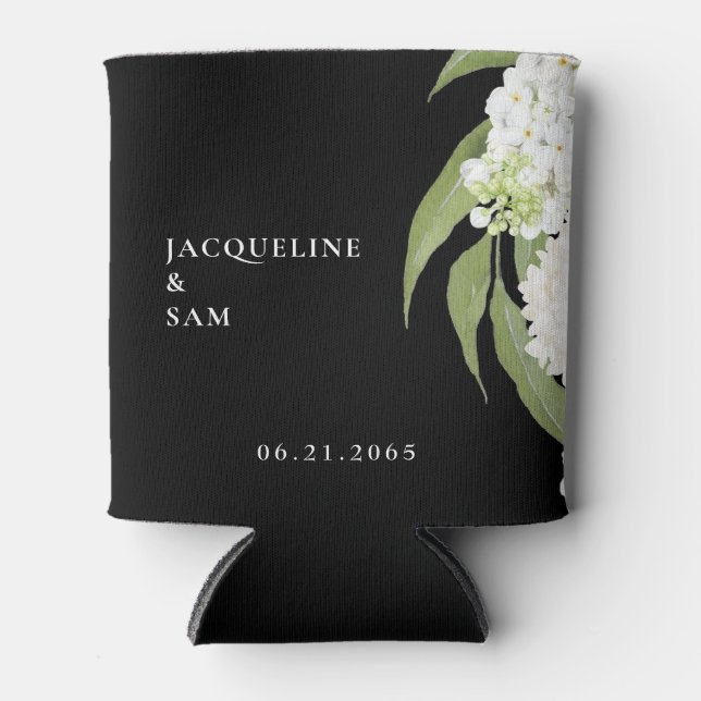 White Hydrangeas Gastgeschenk Hochzeit Black Dosenkühler (Vorderseite)