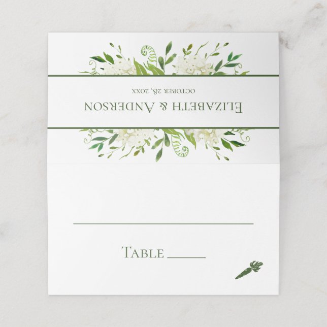 White Hydrangeas Wedding Platzkarte (Außenseite Aufgefaltet)