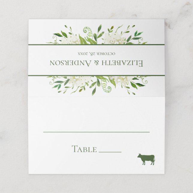 White Hydrangeas Wedding Platzkarte (Außenseite Aufgefaltet)