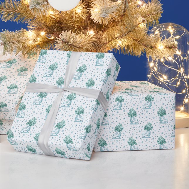 White Ice Skate Blue Snowflakes Geschenkpapier (Feiertage)