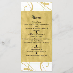 White & Imitate Gold Floral Swirl Chic Wedelmenü Menükarte