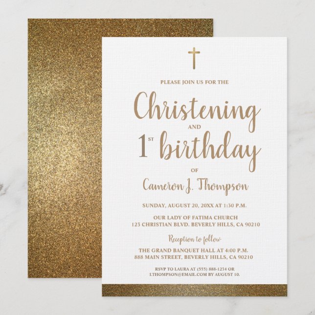 White Imitats Gold Cross Christening & 1. Geburtst Einladung (Vorne/Hinten)