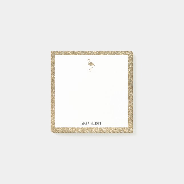 White + Imitats Gold Glitzer Flamingo & Border, Na Post-it Klebezettel (Vorderseite)