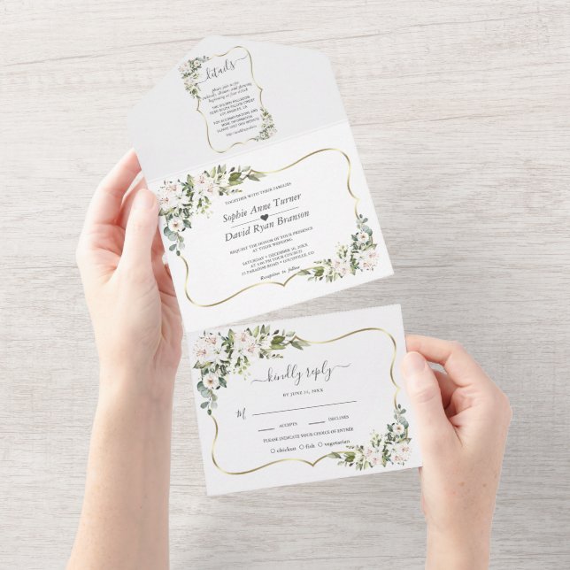 White Imperial Lilies Gold Frame Wedding All In One Einladung (Abreißen)
