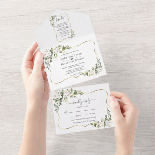 White Imperial Lilies Gold Frame Wedding All In One Einladung
