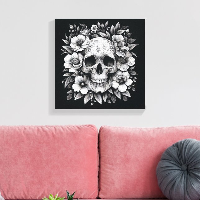 White Ink Floral Skull Gothic Wall Canvas Leinwanddruck (Insitu (Wohnzimmer))