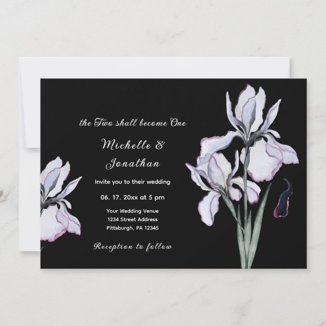White Iris Floral on Black Christlich Wedding Einladung (Vorderseite)