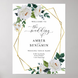 White Ivory Emerald Blätter Floral Wedding Willkom Poster