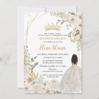 White Ivory Floral Brown Princess Gold Quinceanera Einladung