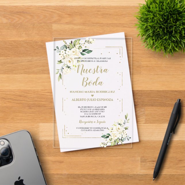 White Ivory Floral Gold Nuestra Boda Calligraphy Acryleinladungen (Insitu (Einladungskarte))