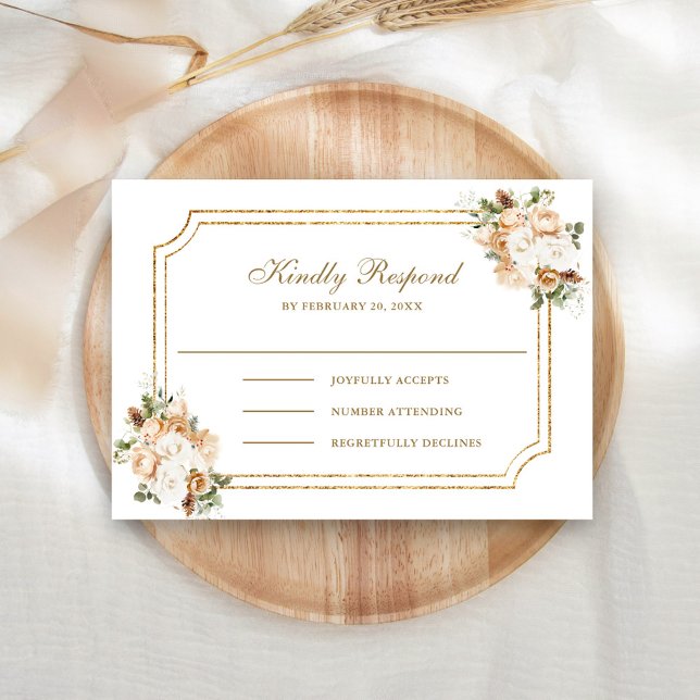 White Ivory Gold Weihnachtsblume Hochzeit RSVP Karte (Von Creator hochgeladen)