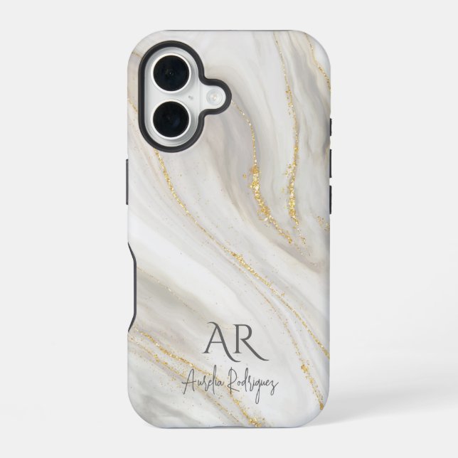 White Jade Marble Gold Glitzer individuell anpassb iPhone 16 Hülle (Rückseite)