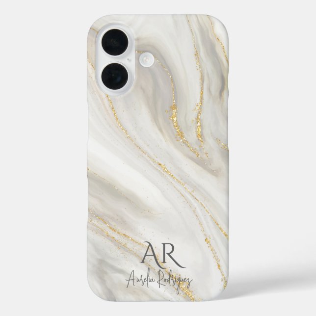 White Jade Marble Gold Glitzer individuell anpassb iPhone 16 Hülle (Rückseite)