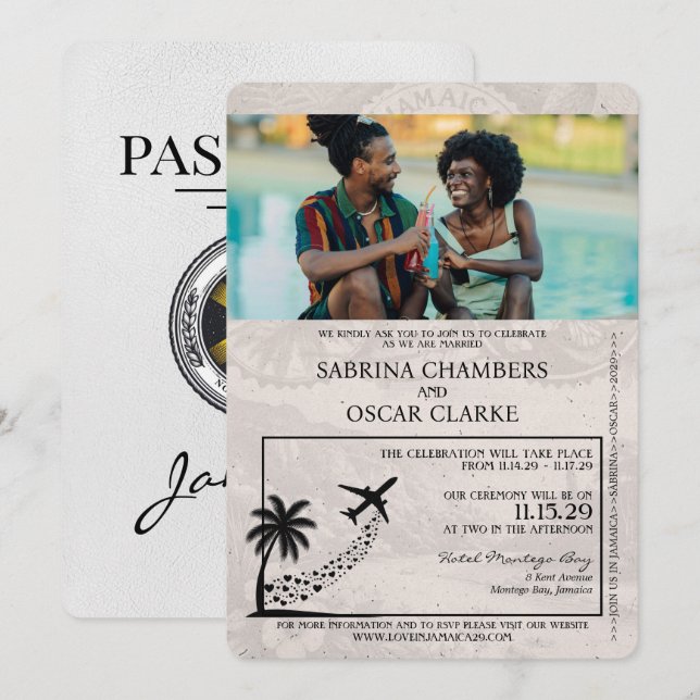 White Jamaica Passport Hochzeitseinladung Einladung (Vorne/Hinten)