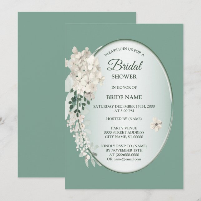White Jasmine Floral Green Geometric Bridal Shower Einladung (Vorne/Hinten)