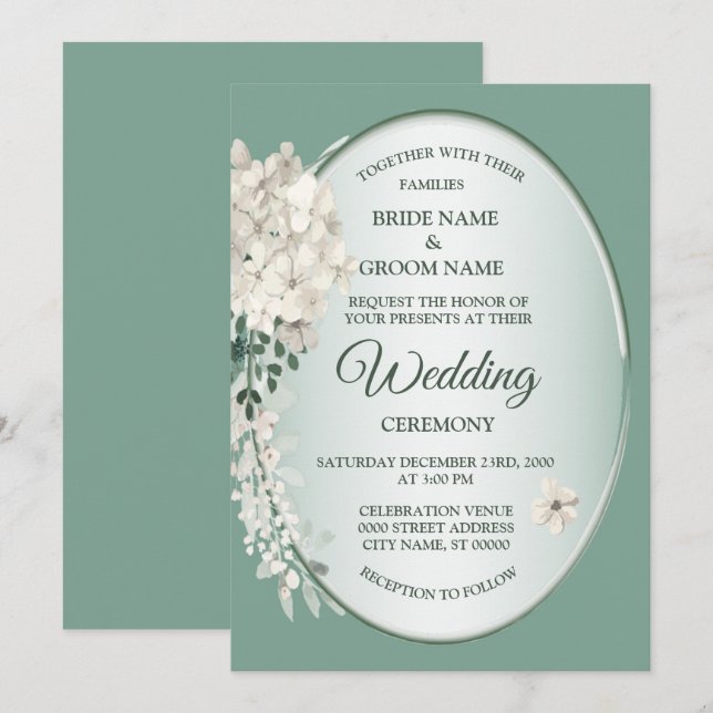 White Jasmine Floral Green Geometric Wedding Einladung (Vorne/Hinten)