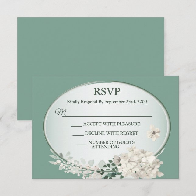 White Jasmine Floral Green Geometric Wedding Party RSVP Karte (Vorne/Hinten)