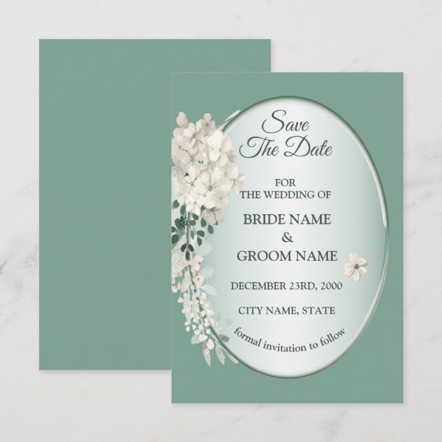 White Jasmine Floral Green Geometric Wedding Save The Date (Vorne/Hinten)