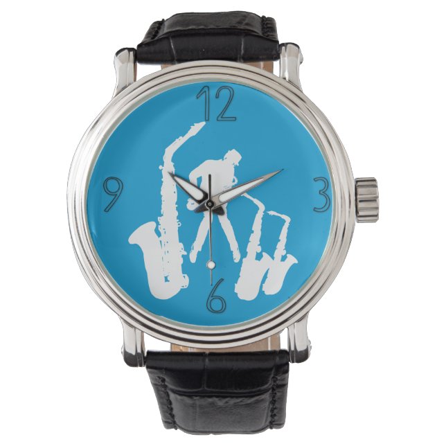 White Jazz Sax Jazzman 2 Moderne Zahlen 6 Armbanduhr (Vorderseite)